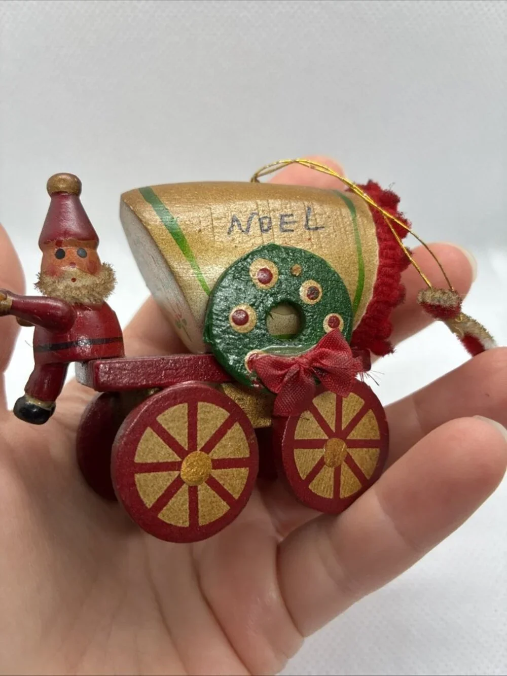 Vintage Wooden Santa Noel Covered Wagon Christmas Ornament Rustic Holiday Decor